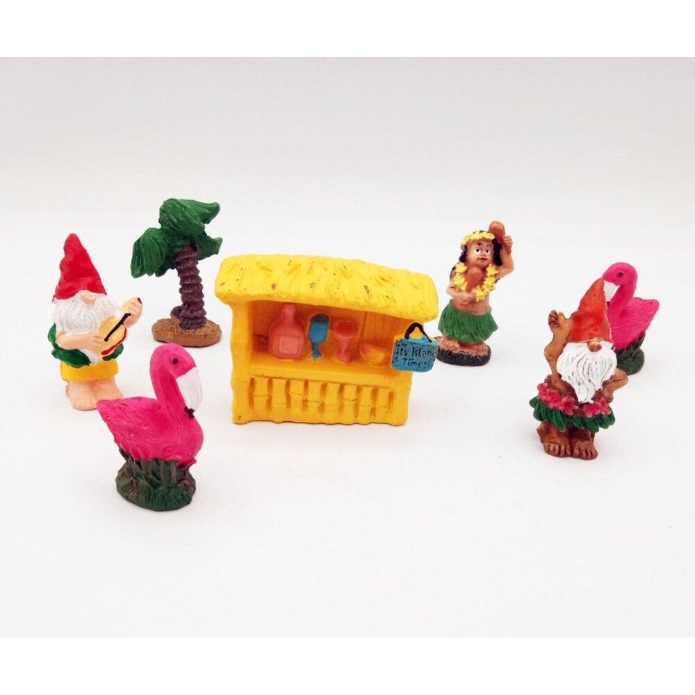 Fairy Garden Gnome Tiki Bar Hula Dancer Flamingos Ukulele Palm Tree 7 Piece Set